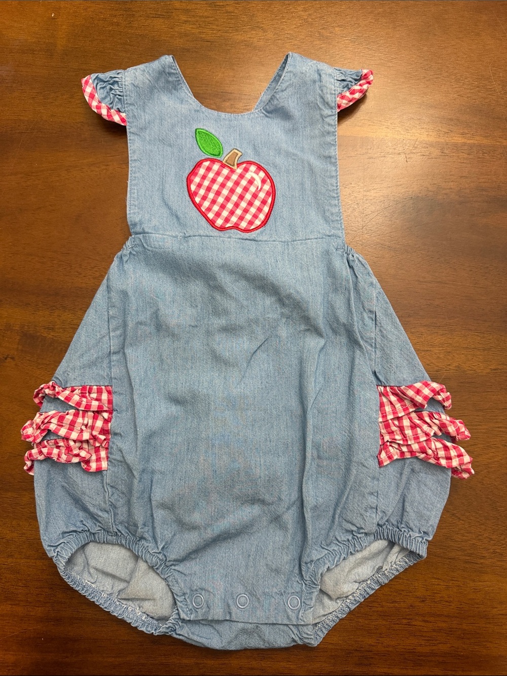 Classic Whimsy Blue Cotton Bubble Romper with Gingham Apple Appliqué